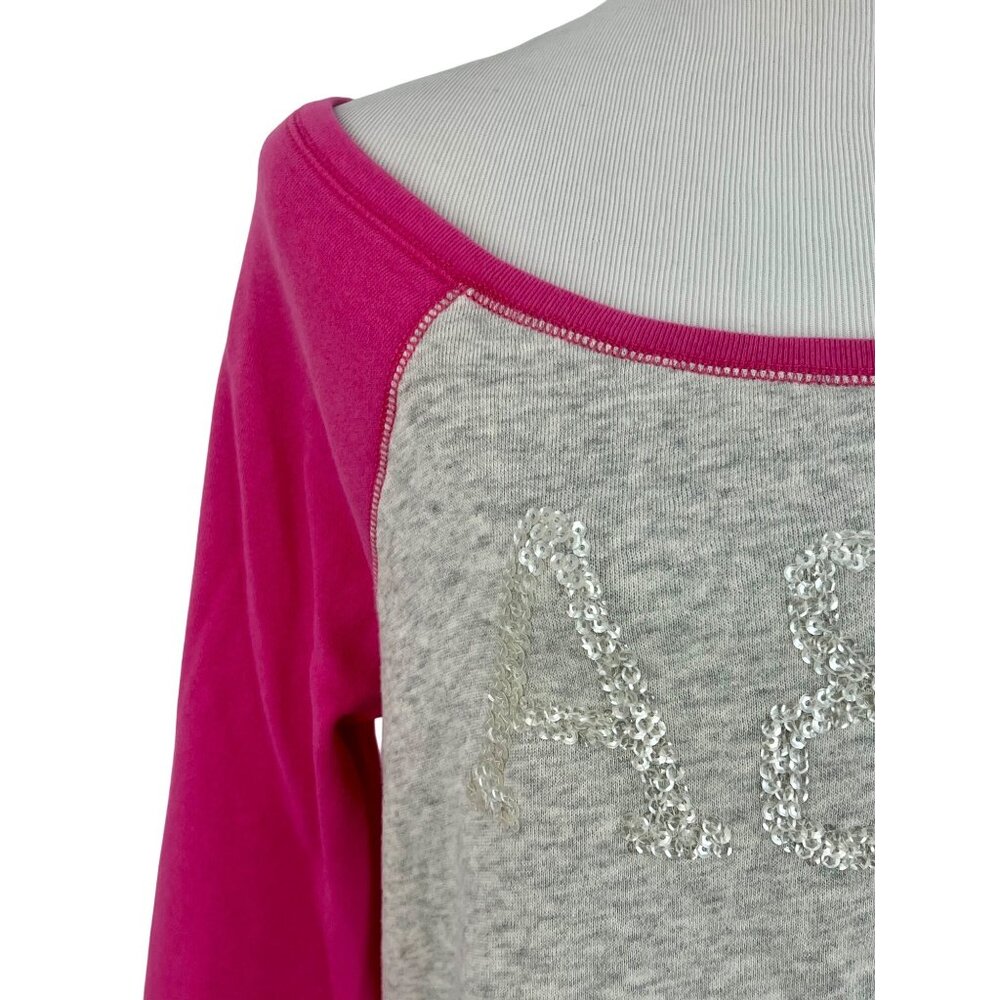 Abercrombie & Fitch Gray & Pink Sequin Logo Slouchy On/Off Shoulder Cozy Sweater - Picture 3 of 11